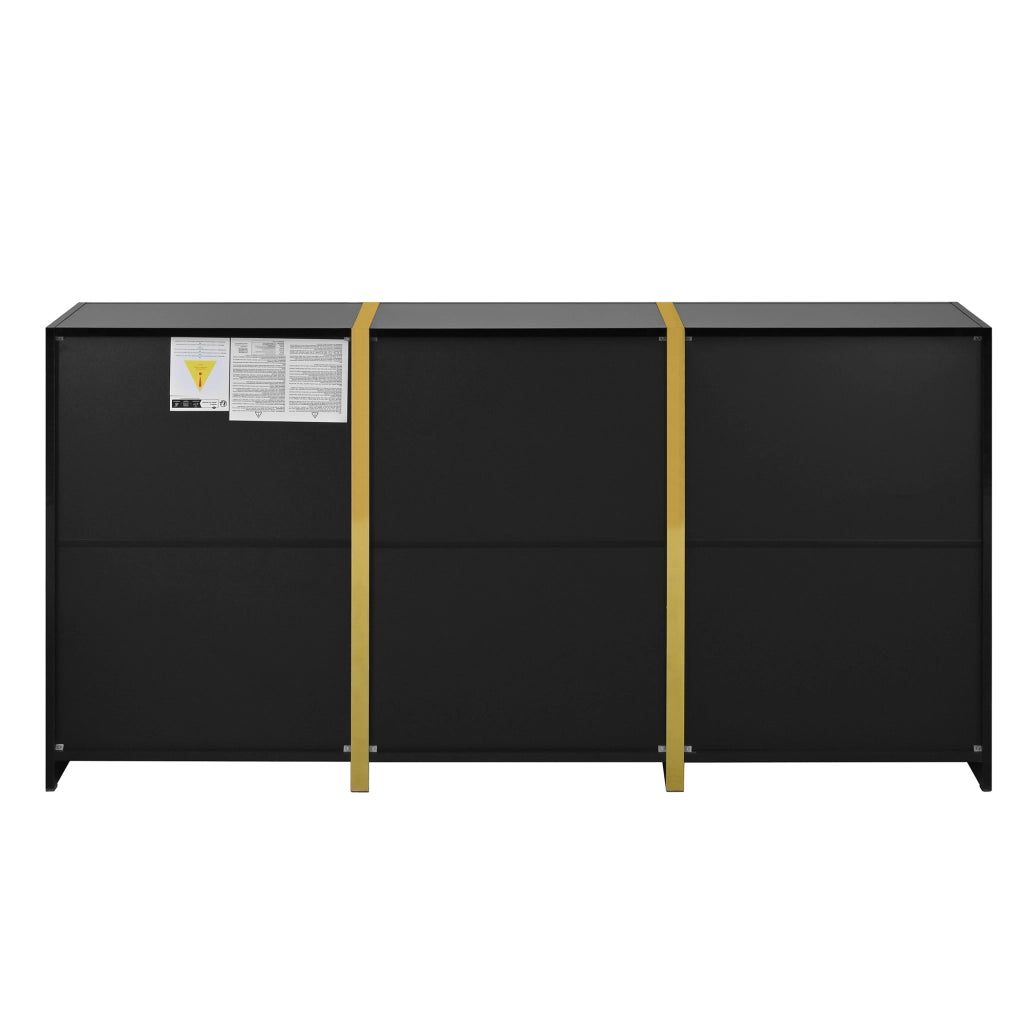 Credenza lucida, 3 ante e 2 cassetti, mobile da ingresso, finiture dorate, nero
