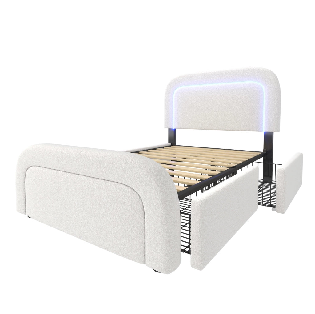 Letto singolo imbottito 90x200 cm in Sherpa bianco con USB Type-C; LED e 2 cassetti