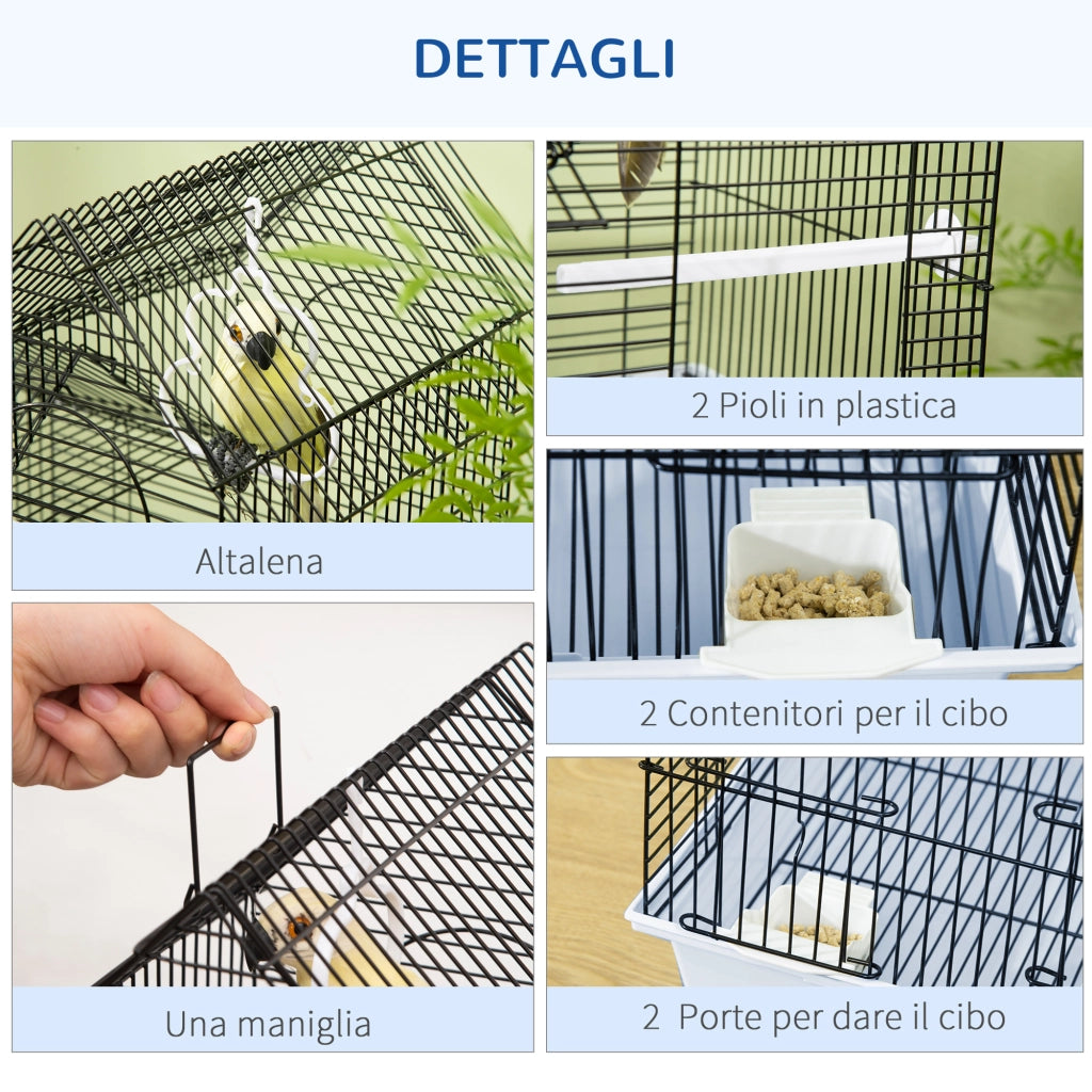 EasyComfort Gabbia per Uccelli in Metallo con Maniglia, Vassoio Estraibile, Pioli e Altalena, 39x33x47cm, Bianco