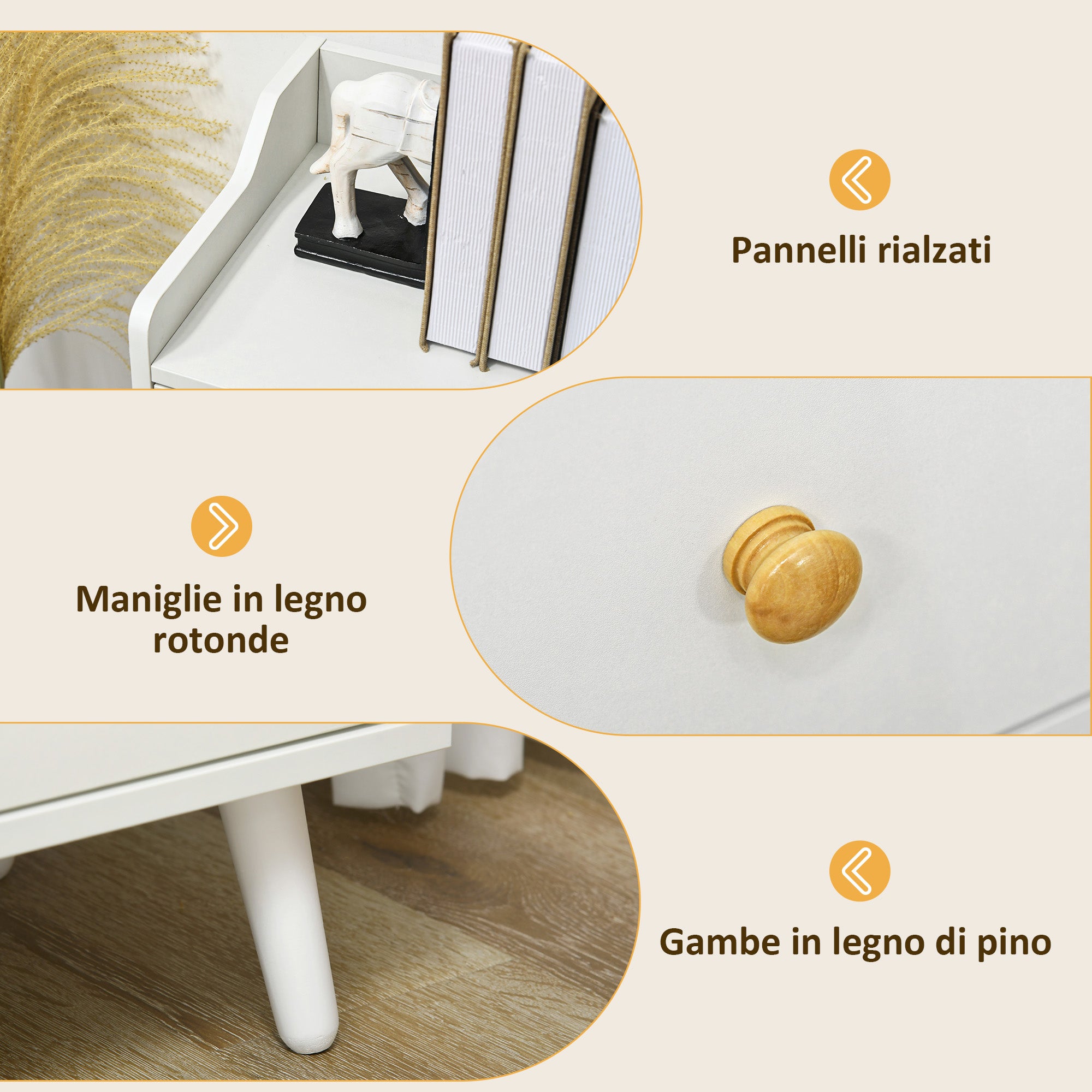 Credenza Moderna Mobile Basso 90x32x80 cm con 3 Cassetti e 2 Armadietti in Truciolato e Legno Bianco