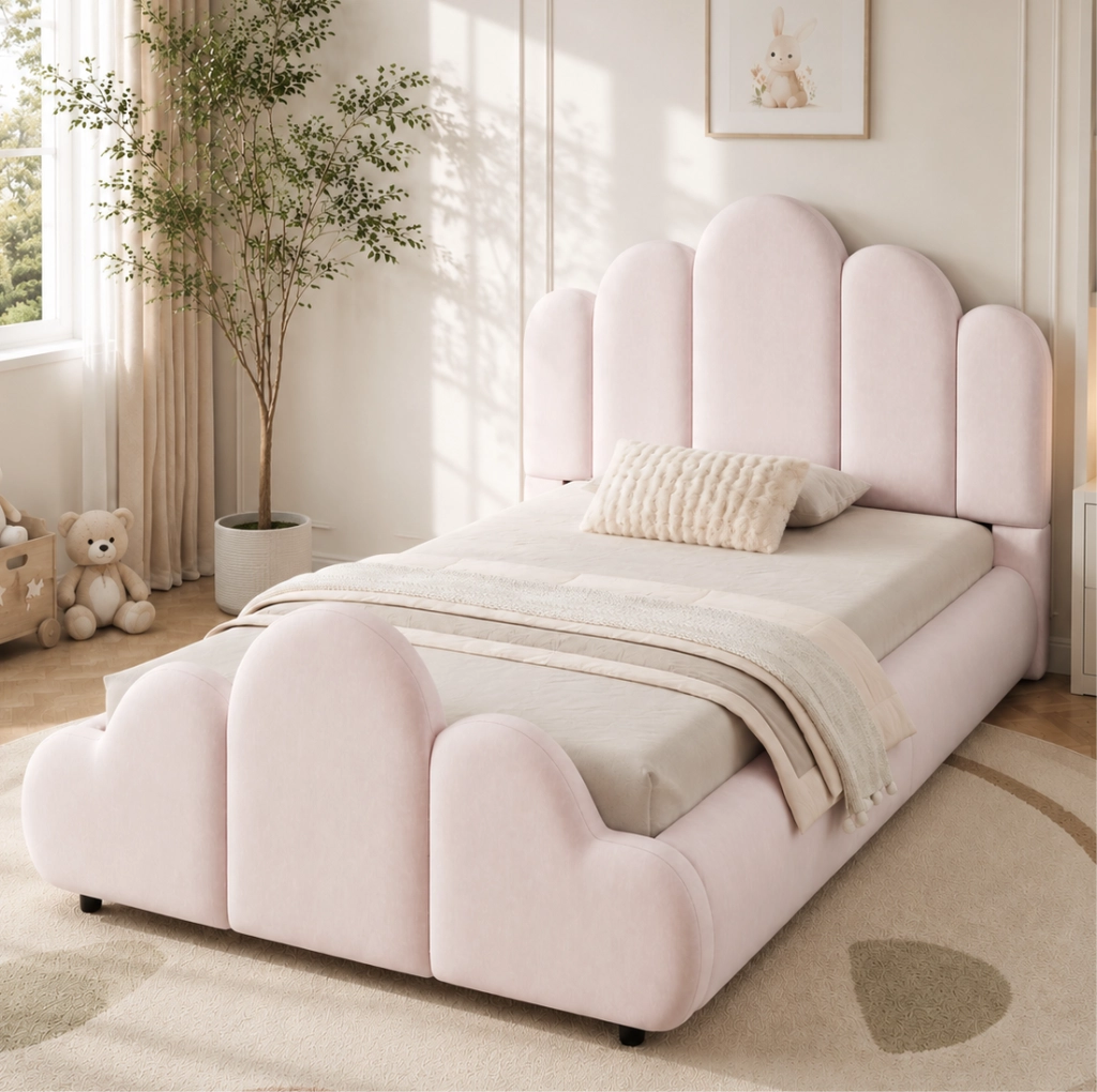 Letto imbottito per bambini 90 x 200 cm in velluto rosa con angoli arrotondati
