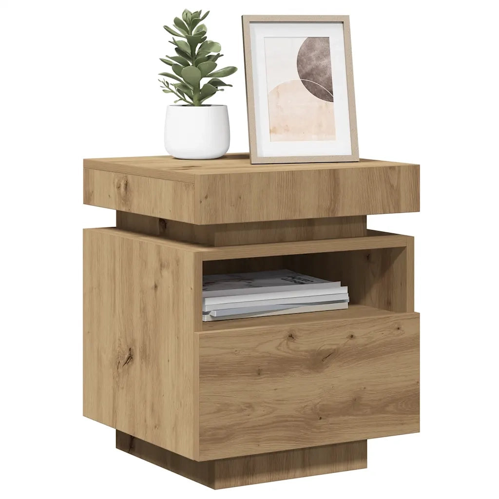 Comodino con Luci LED-Tavolino da notte Rovere Artigianale 40x39x48,5 cm