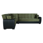 Divano letto Gaillardia, Divano letto contenitore ad angolo in ecopelle e tessuto, SofÒ  da soggiorno con apertura click-clack e penisola reversibile, 305x238h91 cm, Nero e Grigio Scuro