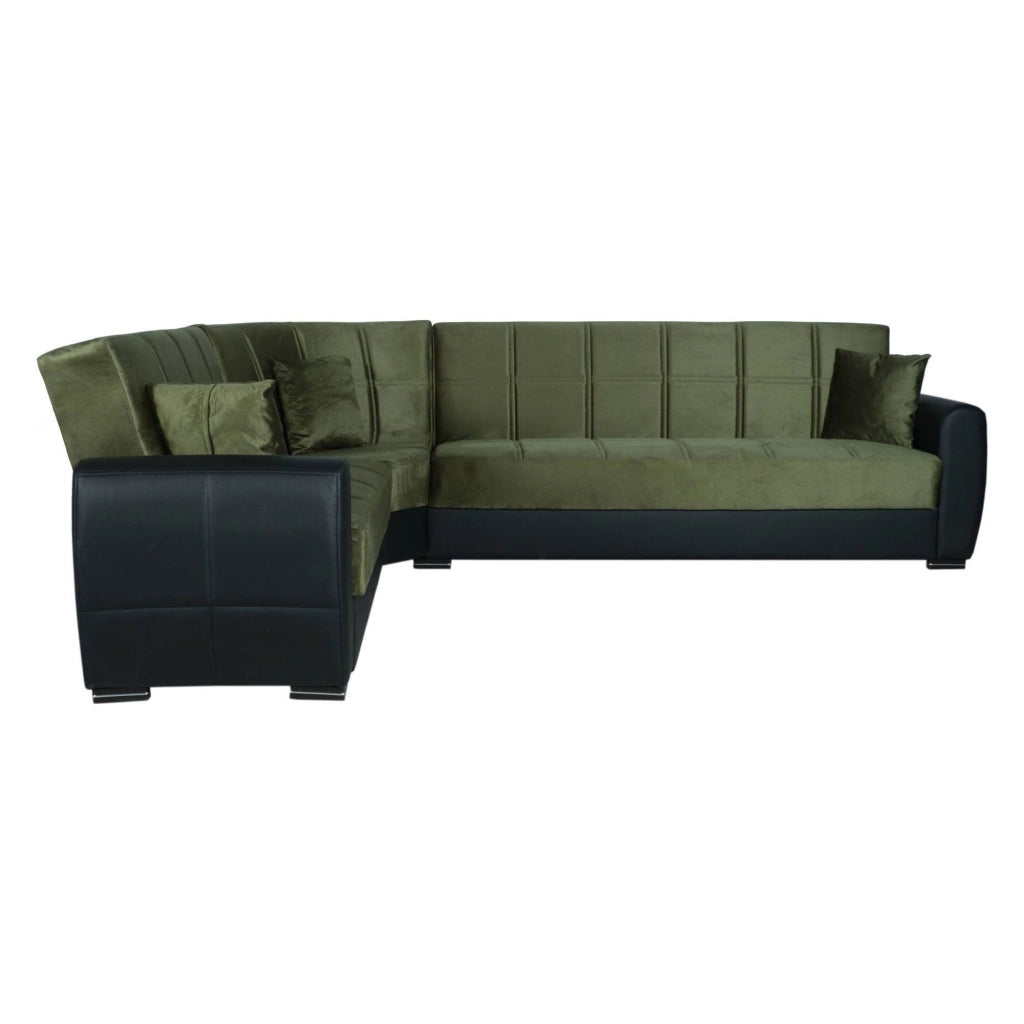 Divano letto Gaillardia, Divano letto contenitore ad angolo in ecopelle e tessuto, SofÒ  da soggiorno con apertura click-clack e penisola reversibile, 305x238h91 cm, Nero e Grigio Scuro