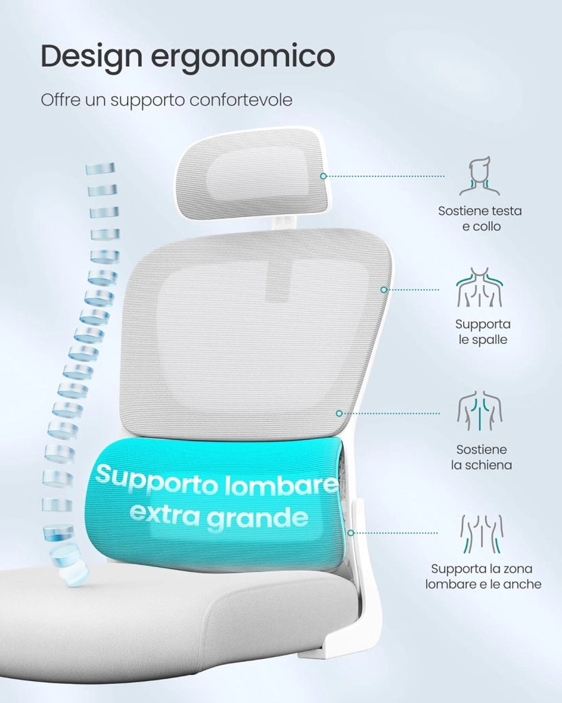 SONGMICS Sedia Ergonomica da Ufficio, Sedia Computer, Tessuto Rete a Doppio Strato, Braccioli Sollevabili, Supporto Lombare Adattabile, Poggiatesta Regolabile, per Studio, Grigio Tortora OBN041G01