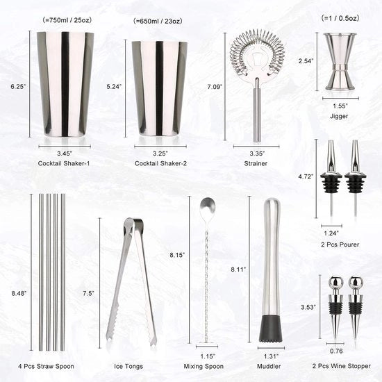 Set da bar per 15 persone - Accessori da bar, schiuma, set di filtrazione, jigger, muddler, stopper per bottiglia, versatore, cucchiaio, set di misura, per feste di casa