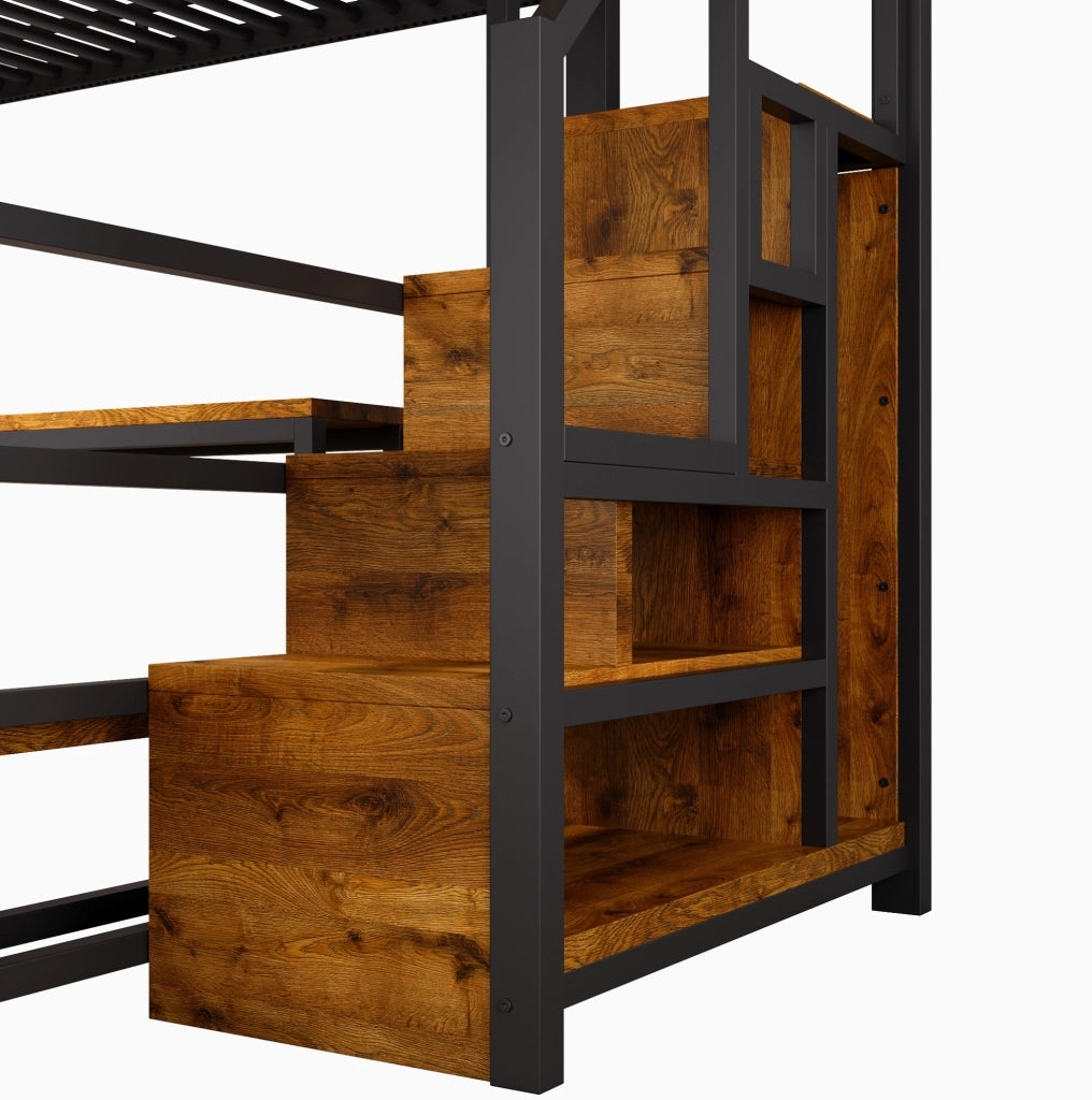 Letto a soppalco 140x200 cm con scrivania; LED; USB e USB-C; struttura in metallo e MDF; nero