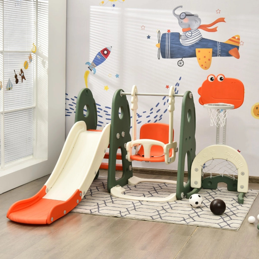 Set 6 in 1 scivolo con canestro per bambini per interni, Set giochi con altalena e porta da calcio Arancione-Arrampicate e scivoli