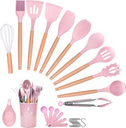 Kit di aiuto in cucina, 29 pezzi di utensili in silicone per la cucina con supporto per utensili, rivestimento antiaderente, manico in legno termoresistente, set di cucina, cucchiaio, ciotola, spatola, spatola per padella, set (rosa)