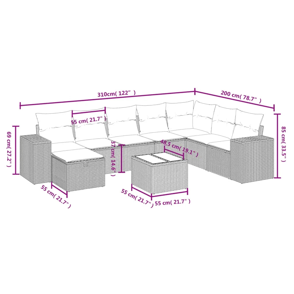 Set Divano da Giardino 9 pz con Cuscini Beige Misto Polyrattan 3264525
