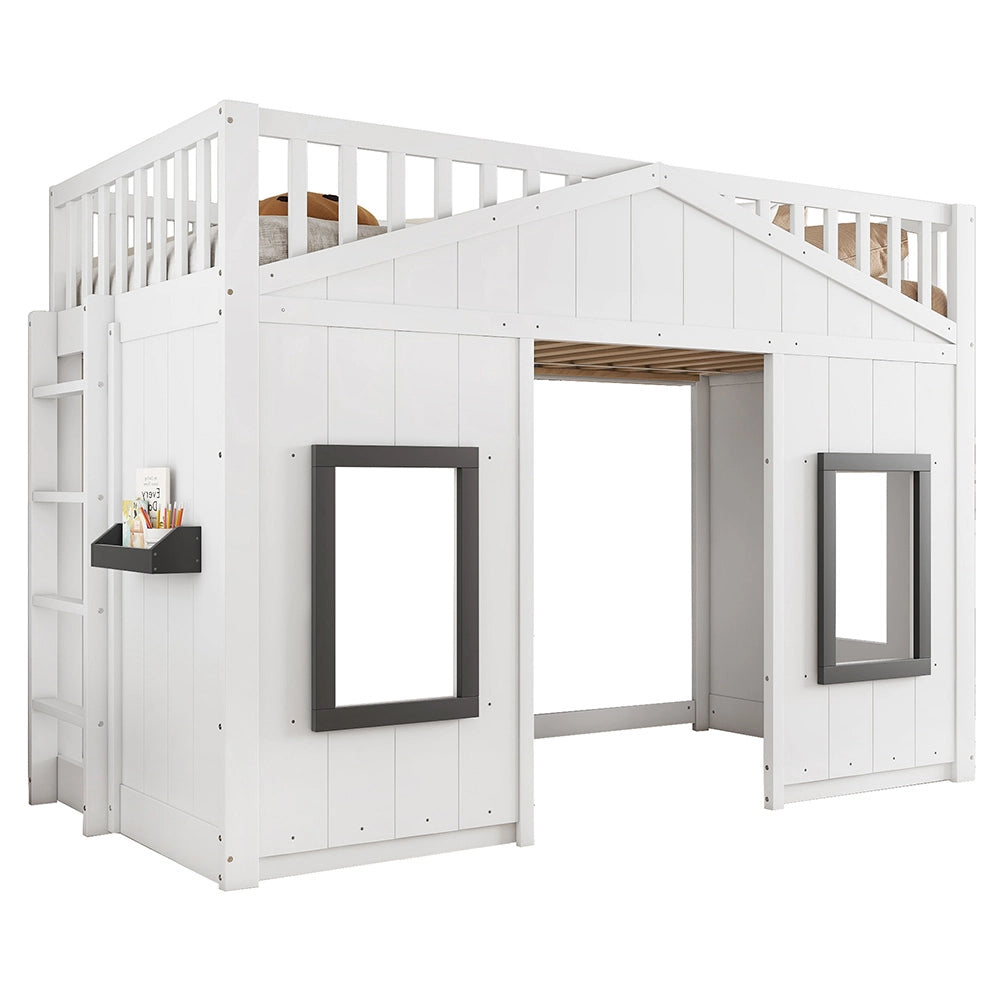 Letto a Castello Casa Bambini – Xylo – 90x200cm, Scala, Protezione Anti-Caduta, Finestra, Letto Inferiore Libero, Bianco