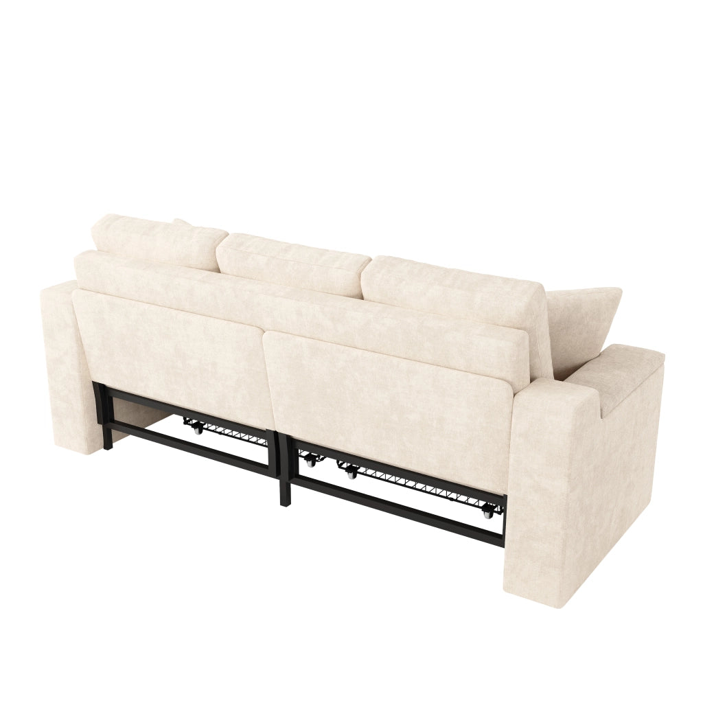 Divano letto 3 posti - con funzione letto; contenitore e porte USB e Type-C - in ciniglia beige