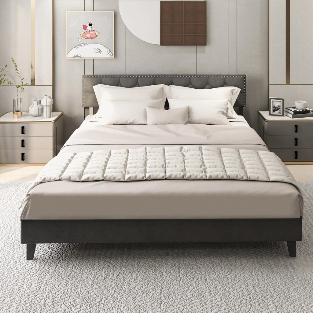 Letto a piattaforma imbottito con testiera bottoni doghe in legno-Struttura letto moderno Grigio 207,5x200x105,5/114cm