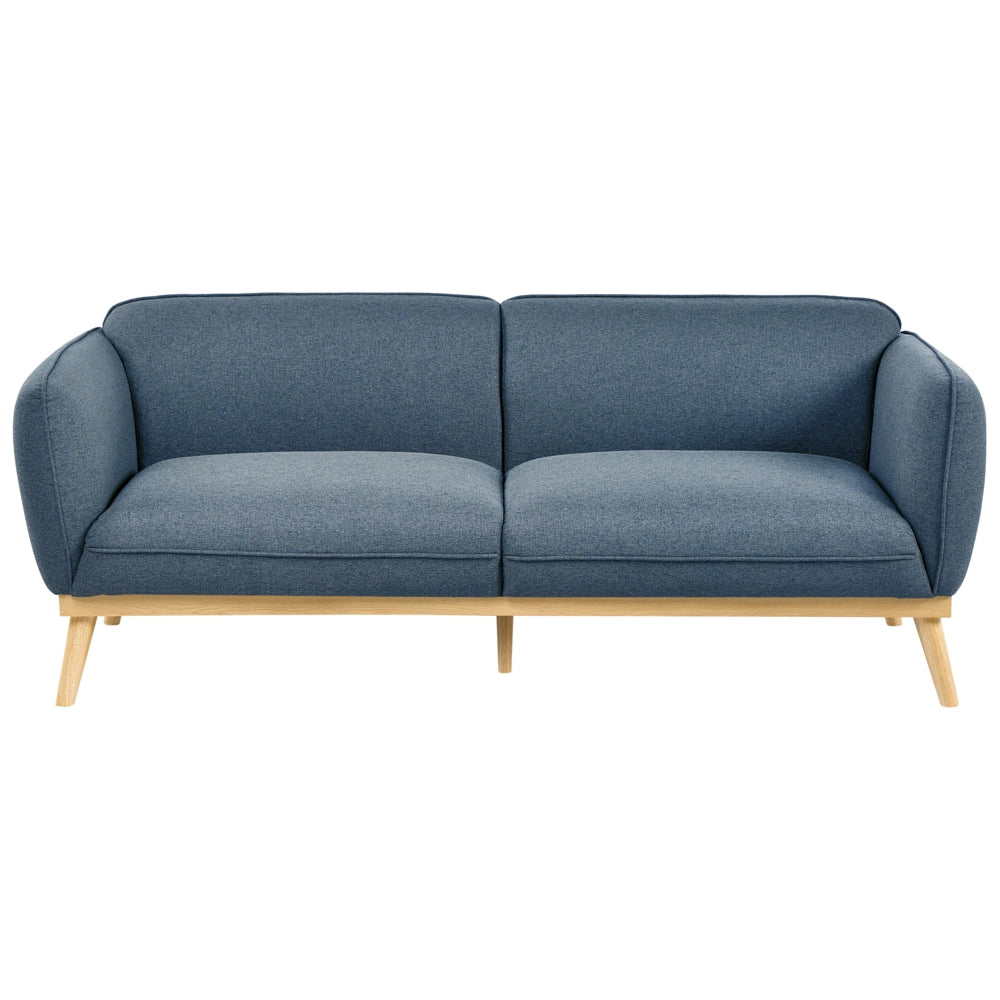 Set da salotto in stile scandinavo con divani a 2 e 3 posti, gambe affusolate in legno e rivestimento in tessuto blu