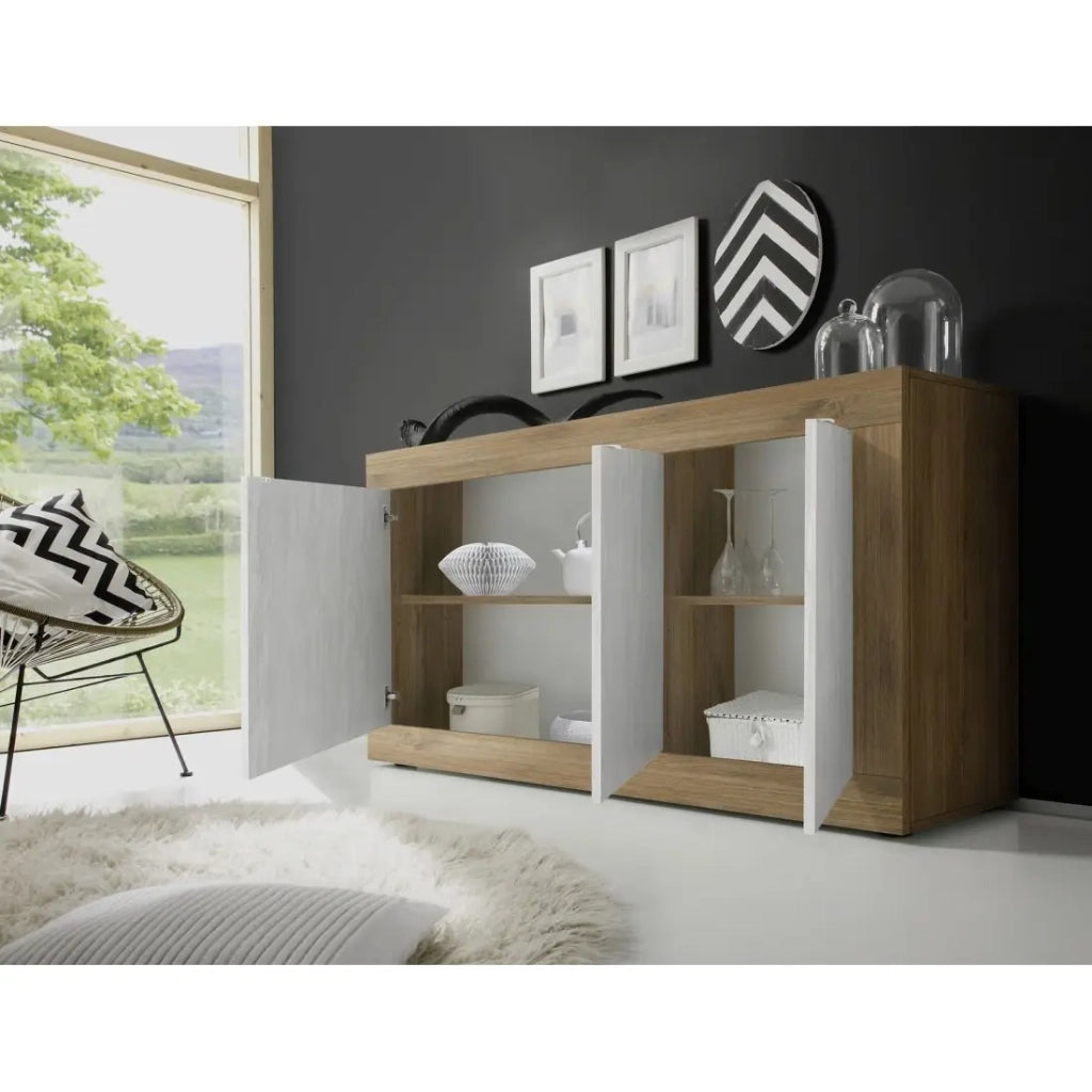 Credenza a 3 porte collezione ACCESS. Colori bianco e rovere scuro.