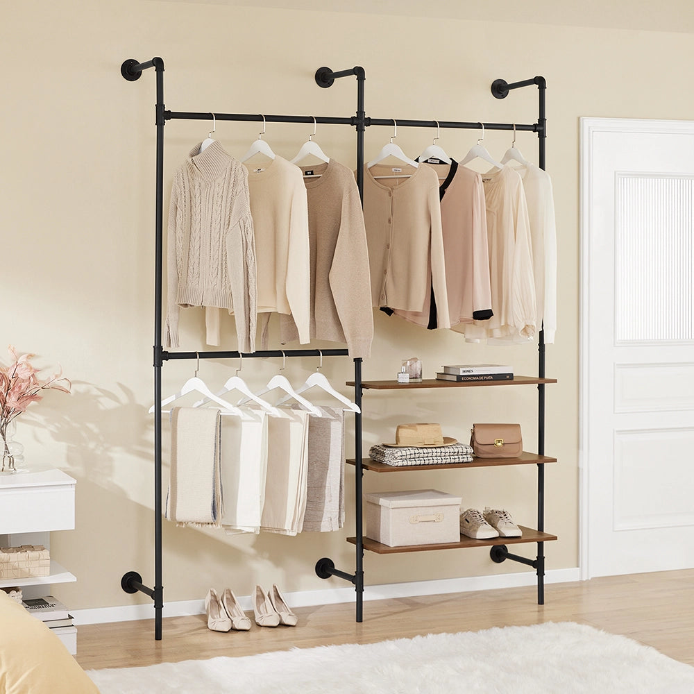 SoBuy appendiabiti da parete industriale, rack tubolare fisso con 3 barre & 3 ripiani in MDF, armadio aperto pesante salvaspazio, nero industriale KLS18-SCH