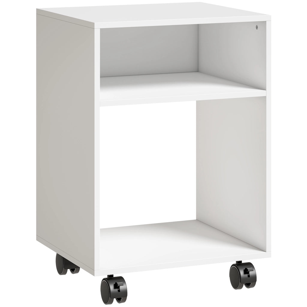 Mobile Porta Stampante 40x35x55 cm con Ruote a Freno e 2 Scomparti Aperti in Legno Bianco