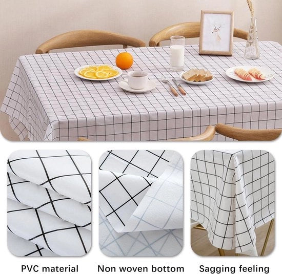 Tavolo quadrato con tovaglia in PVC facile da pulire, 2 pezzi 137 x 180 cm, tovaglia per tavolo a quadri bianca, lavabile, impermeabile, resistente al grasso, tovaglia per tavolo in vinile e plastica.