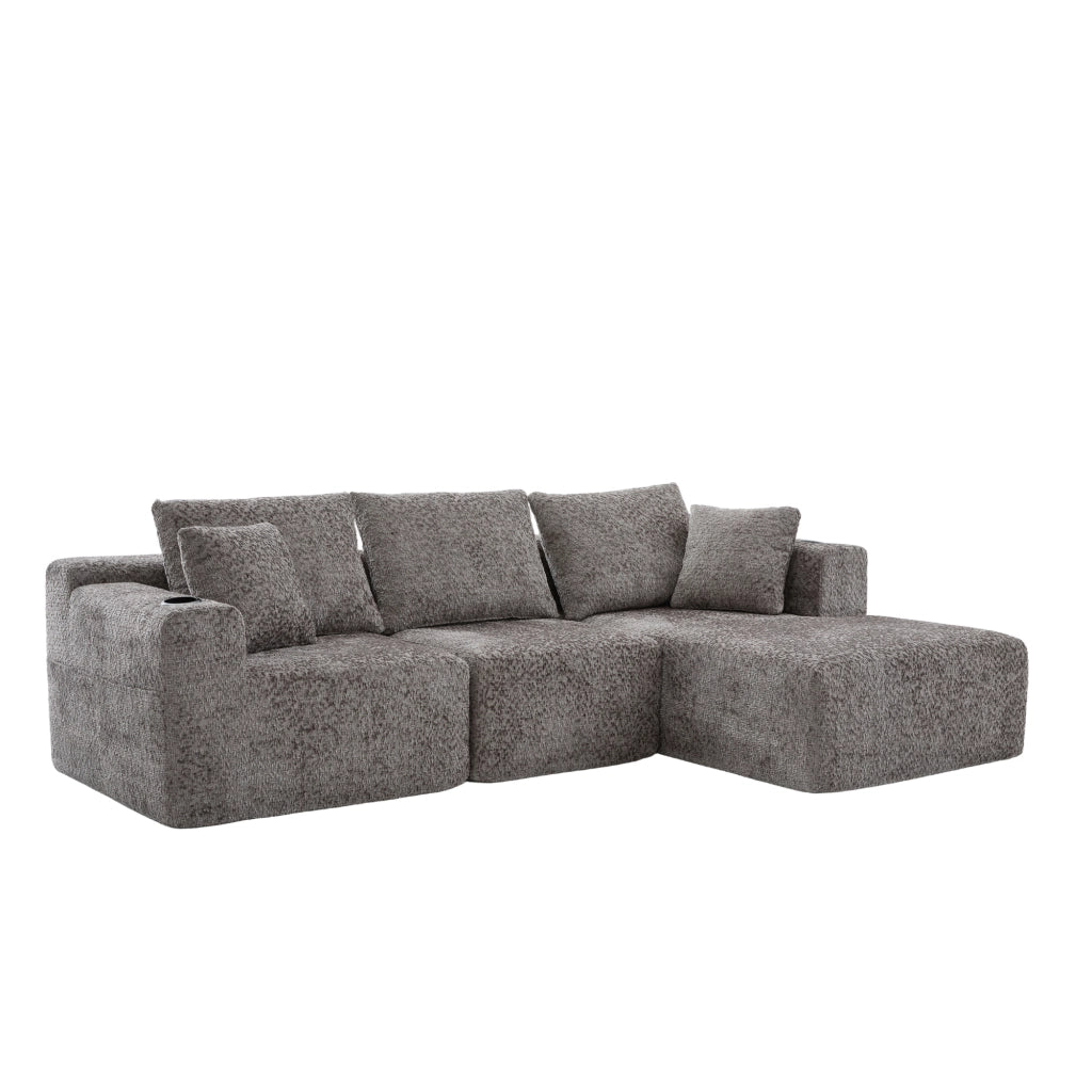 Divano Angolare Modulare ¨C MINIMAL ¨C Grigio, Chaise Longue, L, con Portabicchieri, 261x165x80