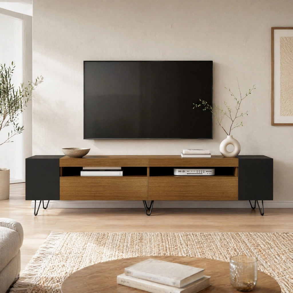 Mobile porta TV con due ante e vani aperti in MDF e legno nero, per soggiorno moderno e pratico 180 × 36 × 43 cm