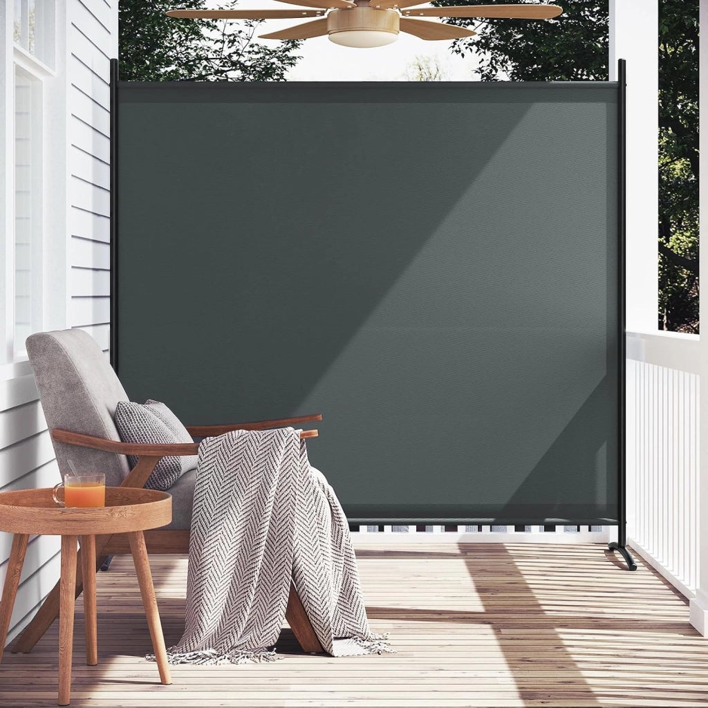 Paravento, divisorio per ambienti, paravento indipendente monoblocco per balconi, camere da letto, giardini, con telaio e staffe in metallo, tessuto rivestito in PA, 180x177 cm, grigio scuro