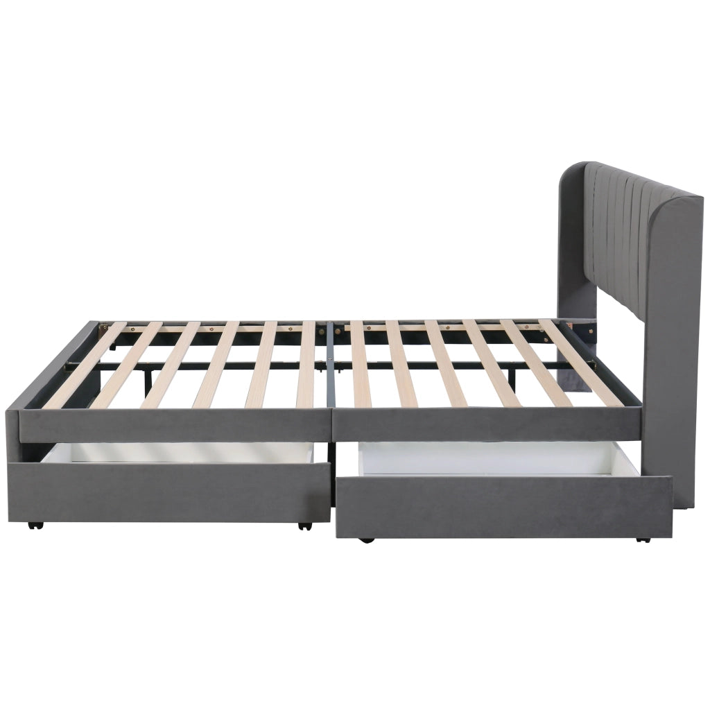 OKWISH Letto con Cassetti 180×200 cm, Letto Matrimoniale con 2 Cassetti e Testiera Alta, senza Materasso, in Velluto, Grigio