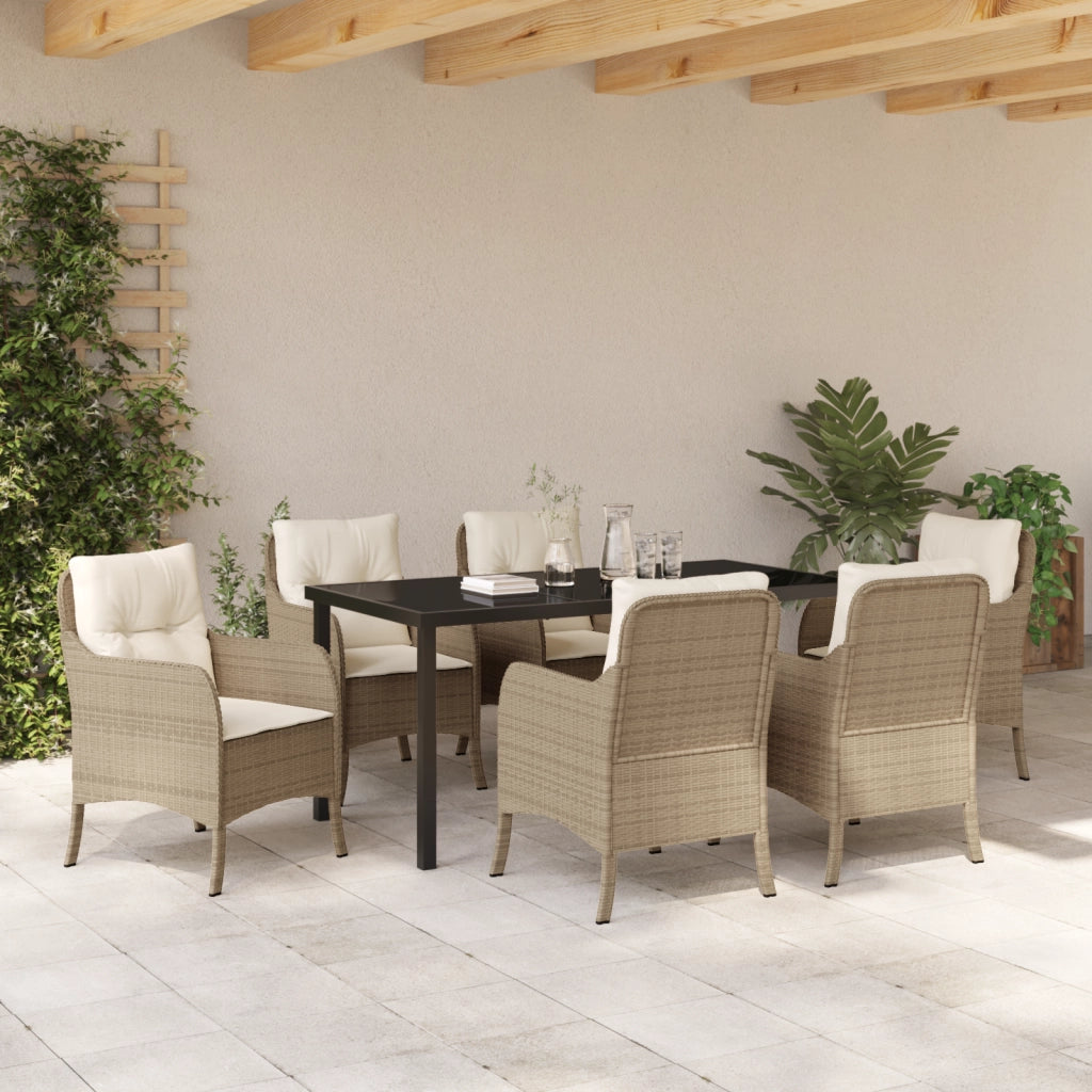 Set da Pranzo da Giardino 7 Pezzi con Cuscini Beige in Polyrattan