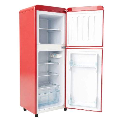 Frigorifero a doppia porta (112L) – controllo della temperatura a 7 livelli; classe di efficienza energetica E; luce LED; ripiani regolabili e portauova – Rosso