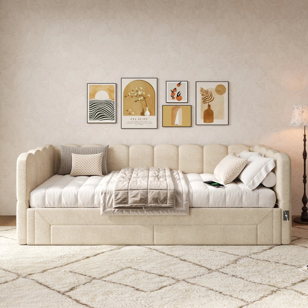 Letto imbottito - Xylo - 90x200 - Beige - 2 cassetti USB