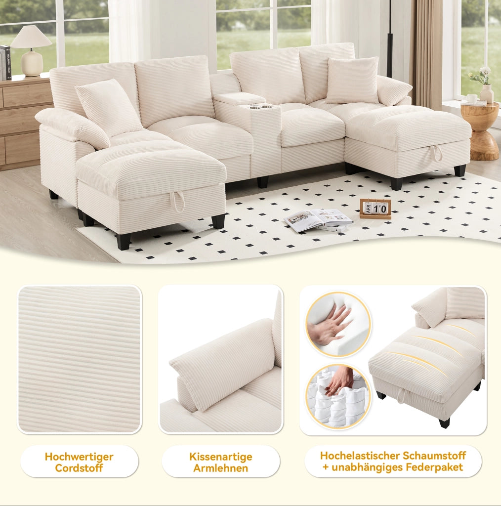 Divano modulare a U 4 posti in velluto a coste beige con USB