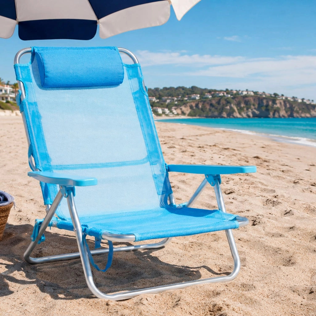 Spiaggina Relax Pieghevole Da Mare Con Telaio In Alluminio Seduta In Textilene Traspirante Poggiatesta Integrato E Braccioli Ergonomici Per Campeggio Outdoor 53 x 62 x 77 Cm Azzurro