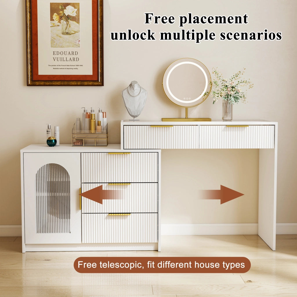 Tavolo da toeletta moderno con piano vetro; piano estraibile; specchio LED; finitura rigata; Bianco; H75×B90-160×P40cm