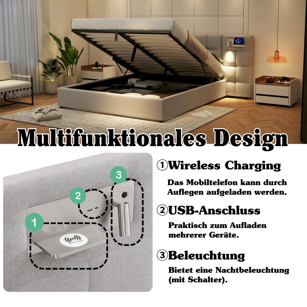 Letto imbottito 180x200 cm con contenitore, USB e ricarica wireless