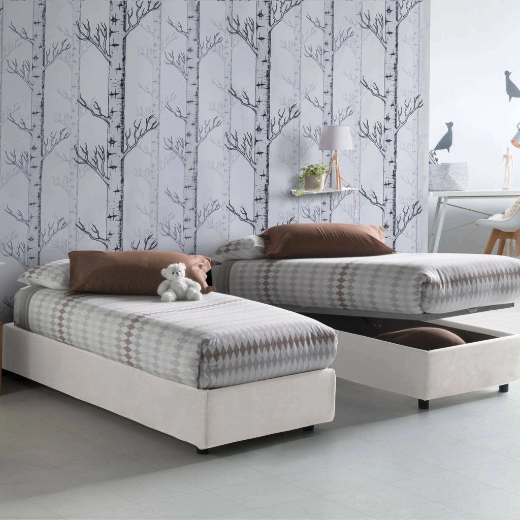 Letto singolo Acrostico, Letto contenitore con rivestimento in tessuto, Made in Italy, Apertura frontale, adatto per materasso cm 90x190, Bianco