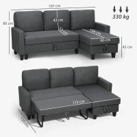 Divano Letto 3 Posti con Chaise e Spazio Contenitore, in Tessuto Effetto Lino, 197x129x85 cm, Grigio Carbone
