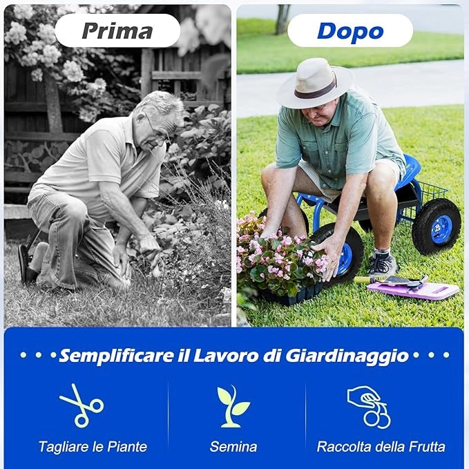 Sgabello da Giardino, Sgabello per Giardinaggio con Ruote, Sedile Regolabile in Altezza e Girevole a 360°, Cestello e Vassoio, Carrello per Prato e Giardino, Portata 150 kg (Blu)