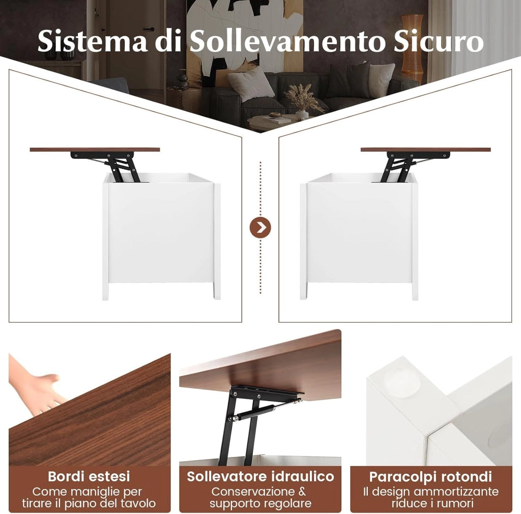 Tavolino da Caffè di Legno con Superficie Sollevabile, Tavolino Rettangolare da Divano con 3 Mensole Aperte, Mobile Multifunzionale per Salone e Ufficio, 104,5 x 49 x 62,5 cm (Bianco)