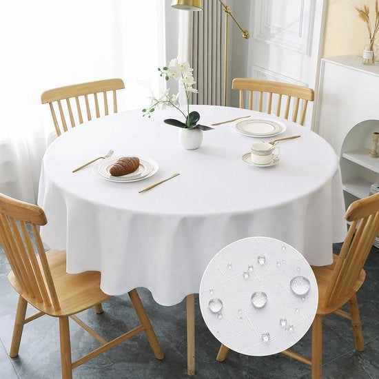 Tavolo Rond Copertura in Lino Bianco 180cm, Copertura Tavolo in Lino Bianco, Materiale Polyester, Impermeabile, Effetto Lotus, Resistente alle Macchie, per Salotto, Cucina, Balcone, Giardino