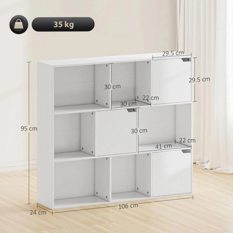 LIBRERIA A CUBI CON 6 SEZIONI APERTE E 3 CHIUSE, IN LEGNO BIANCO, 106X24X95 CM