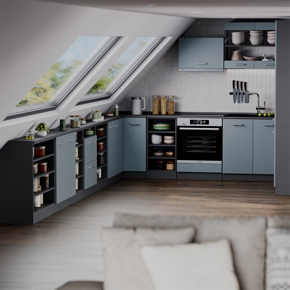 Mobile cucina sottotetto R-Line Grigio-blu/Antracite 60 cm con 2 cassetti, carcassa 60 cm profondità Vicco
