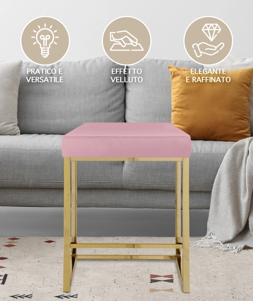 Sgabello Moderno In Velluto Sedile imbottito Gambe In Acciaio Dorato Senza Schienale Casa Sedia Cucina Bar Pub Seduta Rialzata Di Design - Rosa