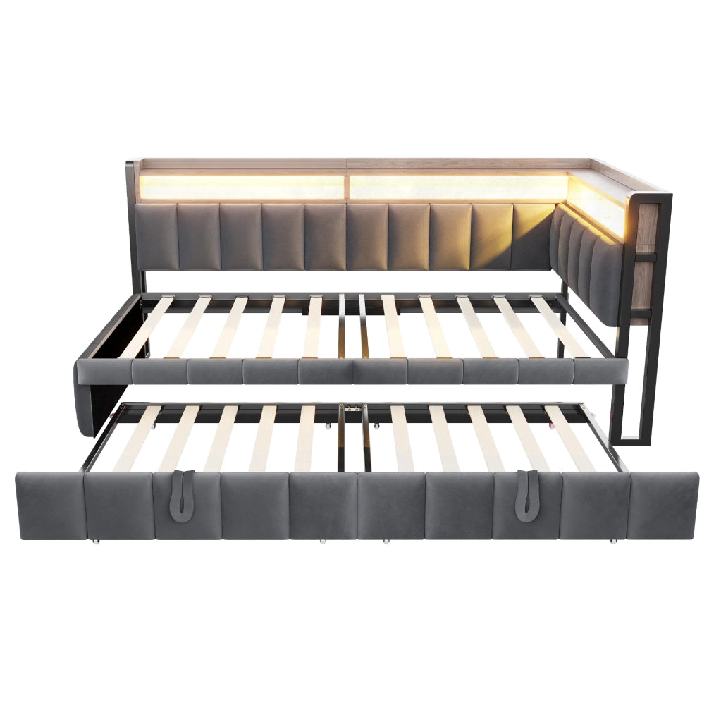 Letto estraibile 90x200 cm con secondo letto; LED regolabile; USB-C e vani; velluto grigio