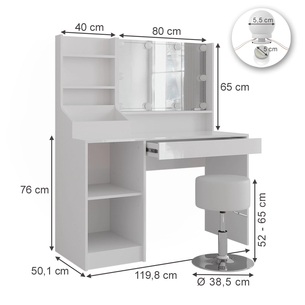 Vicco Tavolo da toeletta Bianco/bianco lucido 119.8 cm 7 parti