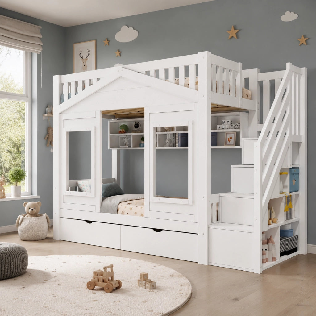 Letto a soppalco per bambini 90x200 cm con scala contenitore; finestra decorativa; parapetto; legno massello; bianco