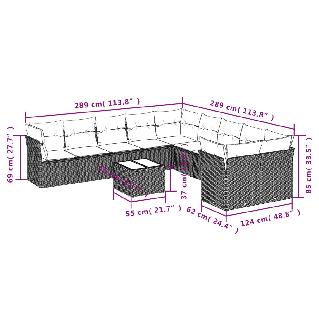 Set Divani da Giardino 11 pz con Cuscini in Polyrattan Grigio 3250089