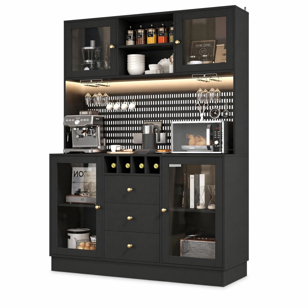 Credenza alta nera con LED smart, portabottiglie e vetrina