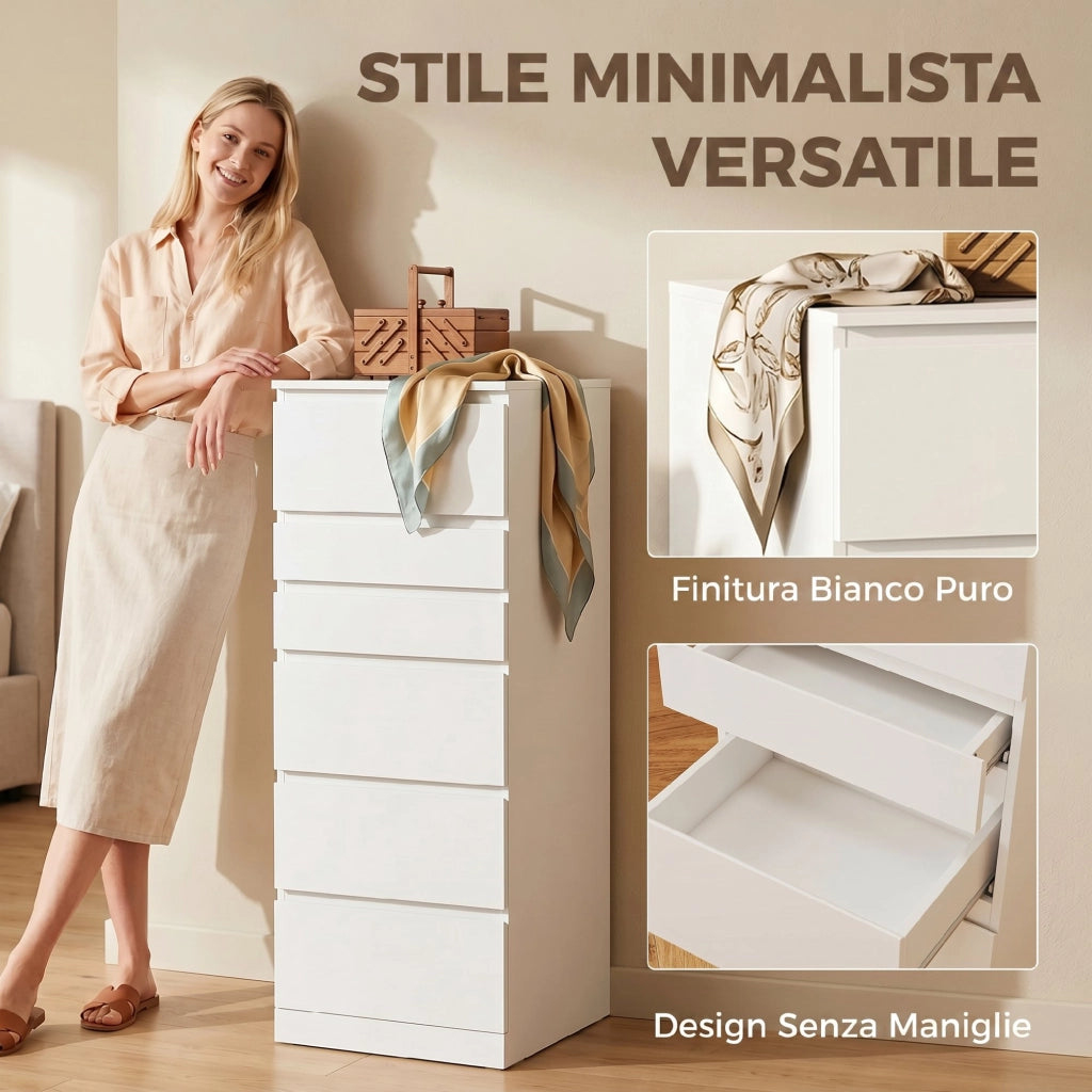 Cassettiera 40x48x110 cm 6 Casetti con Specchio Ribaltabile in MDF Bianco