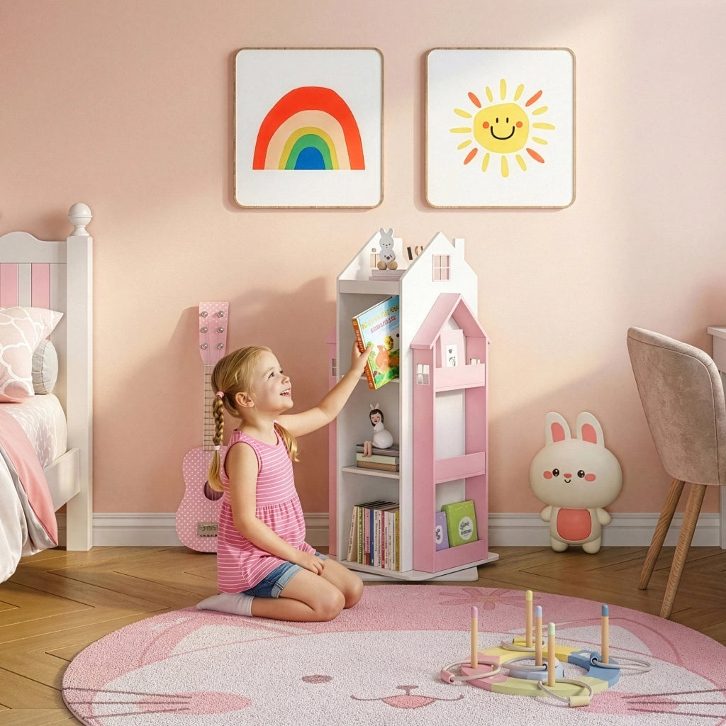 Scaffale Girevole Vipsali per Cameretta Design Casetta 108x40x40 cm Rosa / Bianco [en.casa]