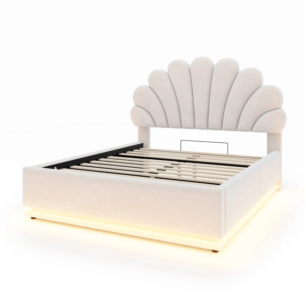 Letto imbottito 140x200 cm in velluto beige con LED e contenitore idraulico