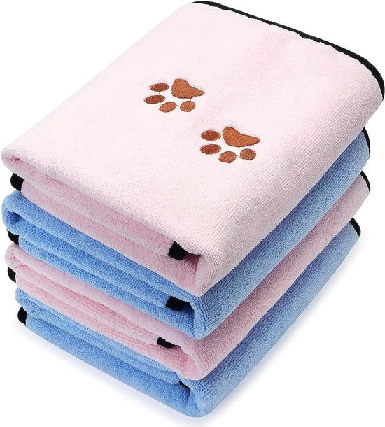 Set di 4 asciugamani per cani, microfibra, morbidi, assorbenti, per animali domestici, asciugamano per il bagno, per cani, cura della pelle asciutta, asciugamano con zampe ricamate per gatti, bagni, cura (blu, rosa, 90 x 50 cm)